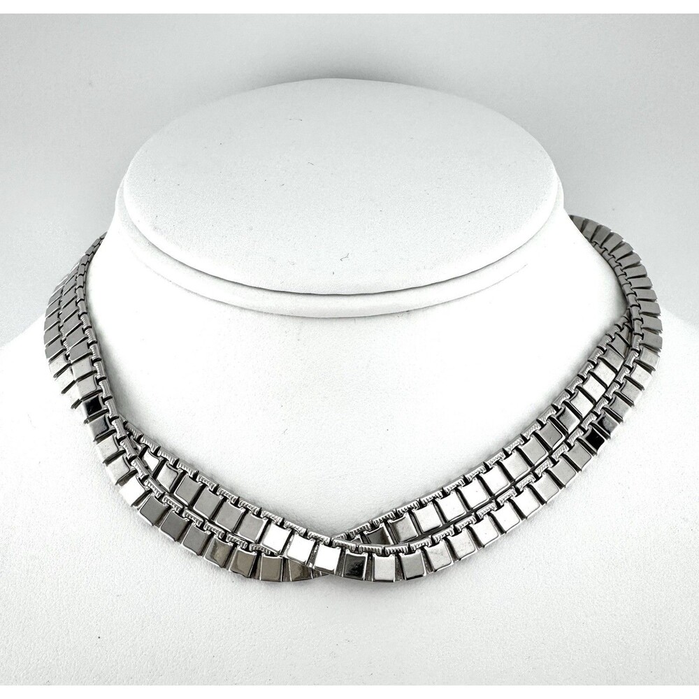 Vintage Signed Monet Necklace Chain Flat Square Link Silver Tone 28”